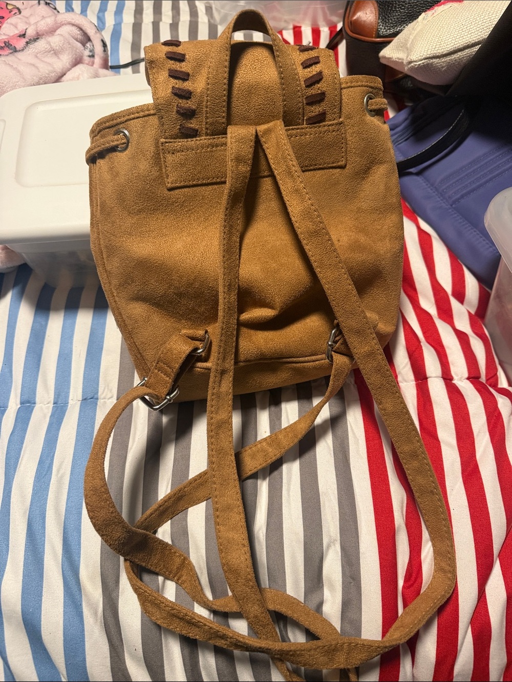Suede Drawstring Backpack - Brown - Picture 3 of 5